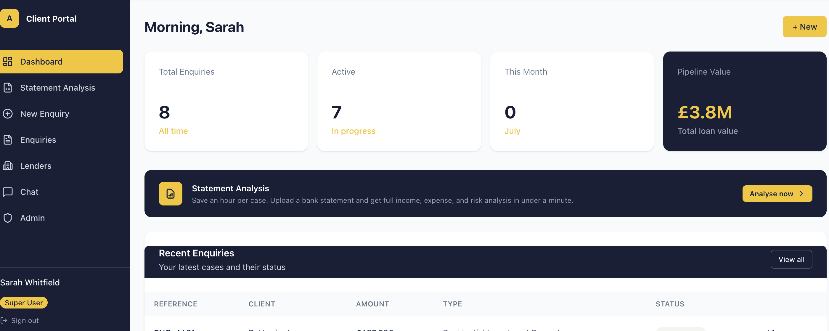 The live broker portal dashboard: enquiries, pipeline value and one-click statement analysis